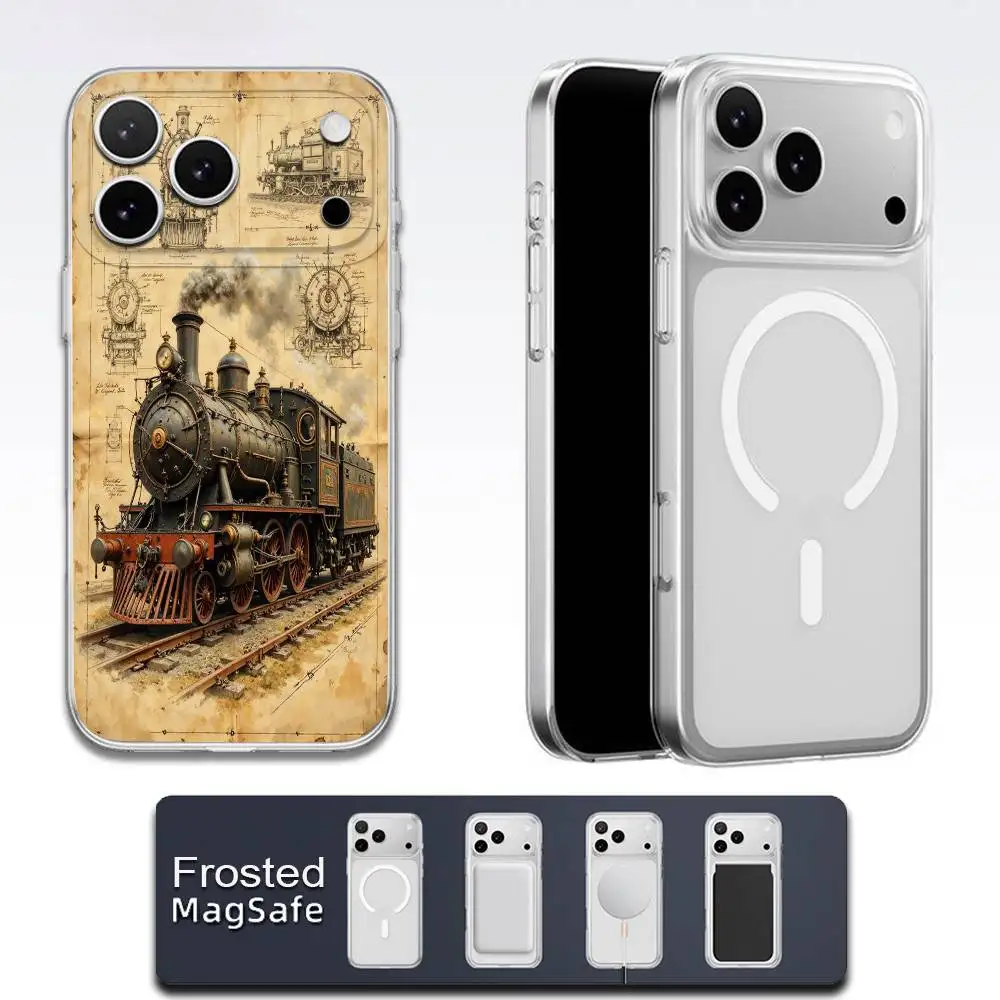 حافظة هاتف كلاسيكية للسكك الحديدية على البخار لهواتف iPhone 17,16,15,14,13,12,11,Pro,Max,Plus,E,Air,Mini Magsafe شفافة بلوري