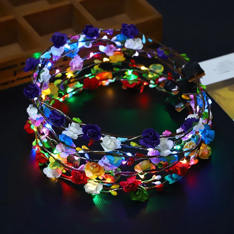 Corona de flores LED para el cabello, diadema luminosa, suministros para fiestas de cumpleaños y bodas, 15/30 piezas