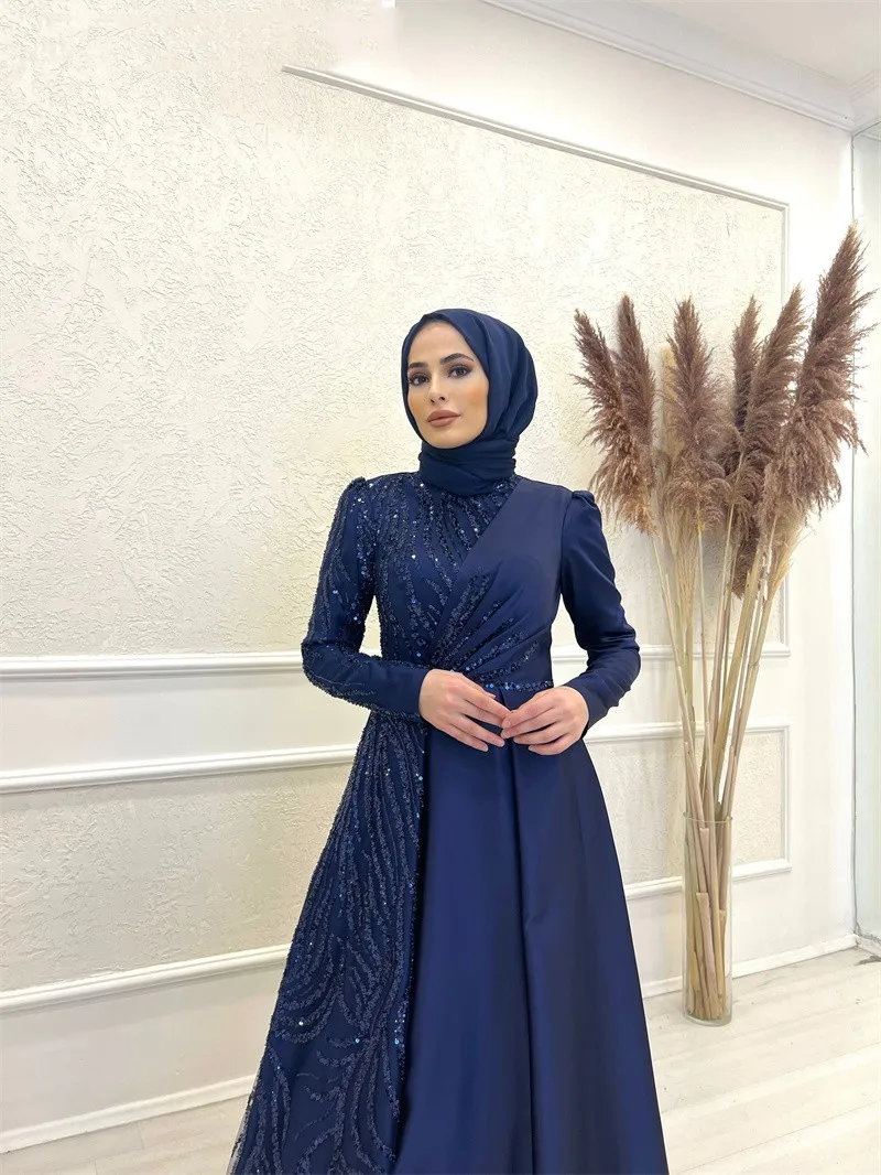 Vestidos de noite muçulmanos para mulheres, mangas compridas, vestidos cetim, hijab islâmico, gola alta, vestido de festa formal