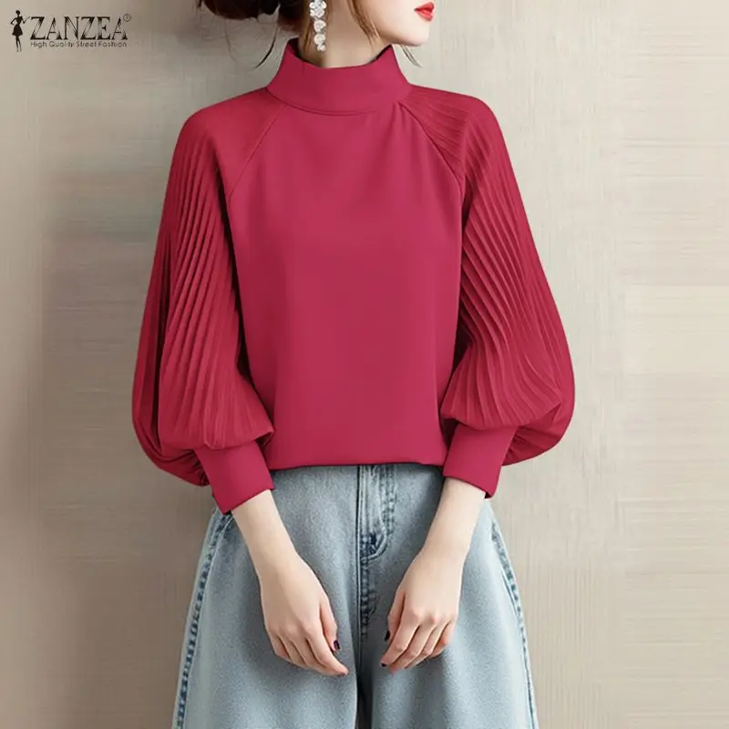 ZANZEA 2026 Jesienna Elegancka Koszula do Pracy z Stójką Damska Stylowa Bluzka z Długim Rękawem Wiosenna Koszula Jednolita Plisowana Tunika Bluzki Damskie