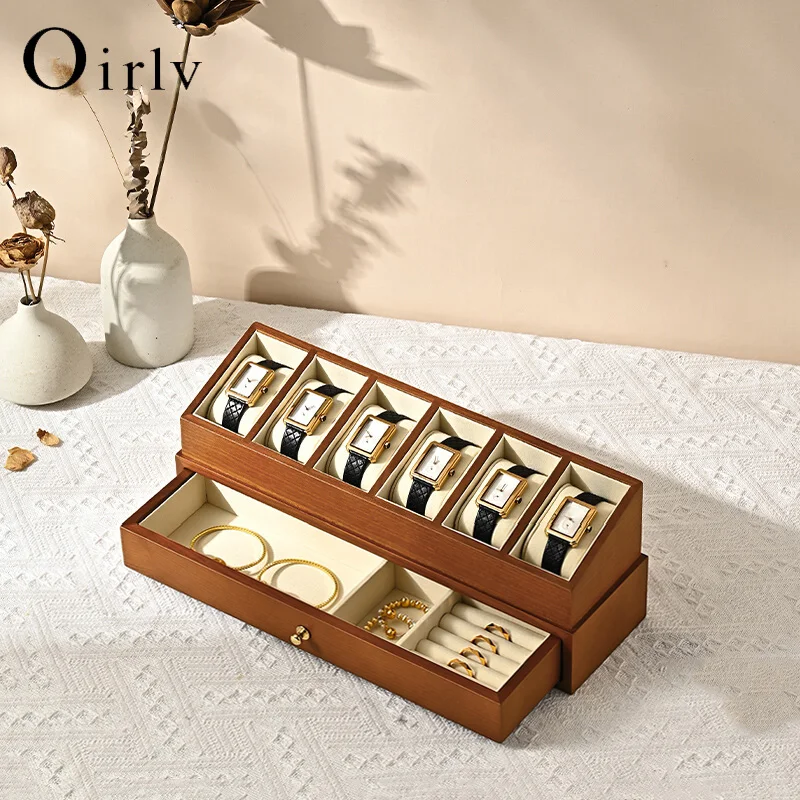 Oirlv 6 Grild Solid Wooden Watch Box Double-layer Drawer Jewelry Display Box Watch Storage Box Watch Organizer Case