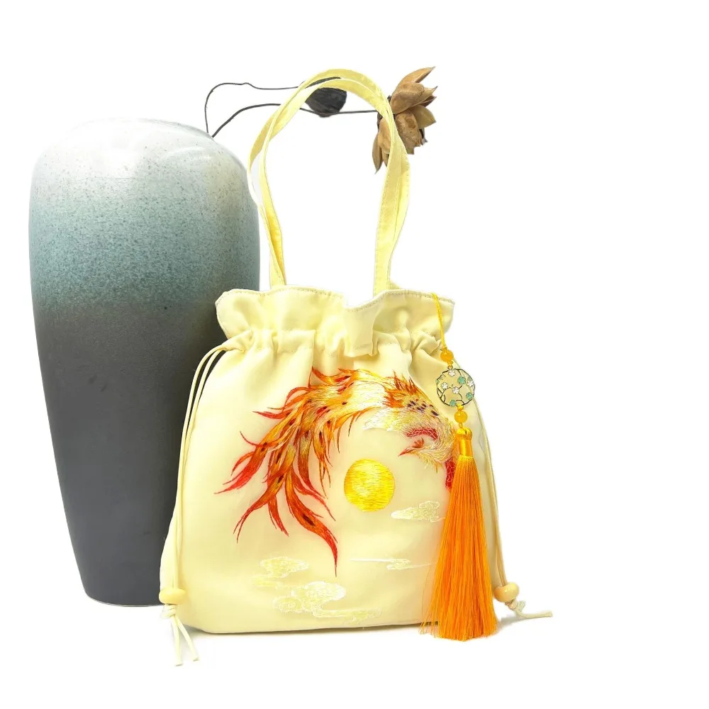 

Portable Elegant Chinese Style Drawstring Bucket Bag Sweet Flower Hanfu Embroidery Handbag Lanyard Organza Small Purse Bag Daily