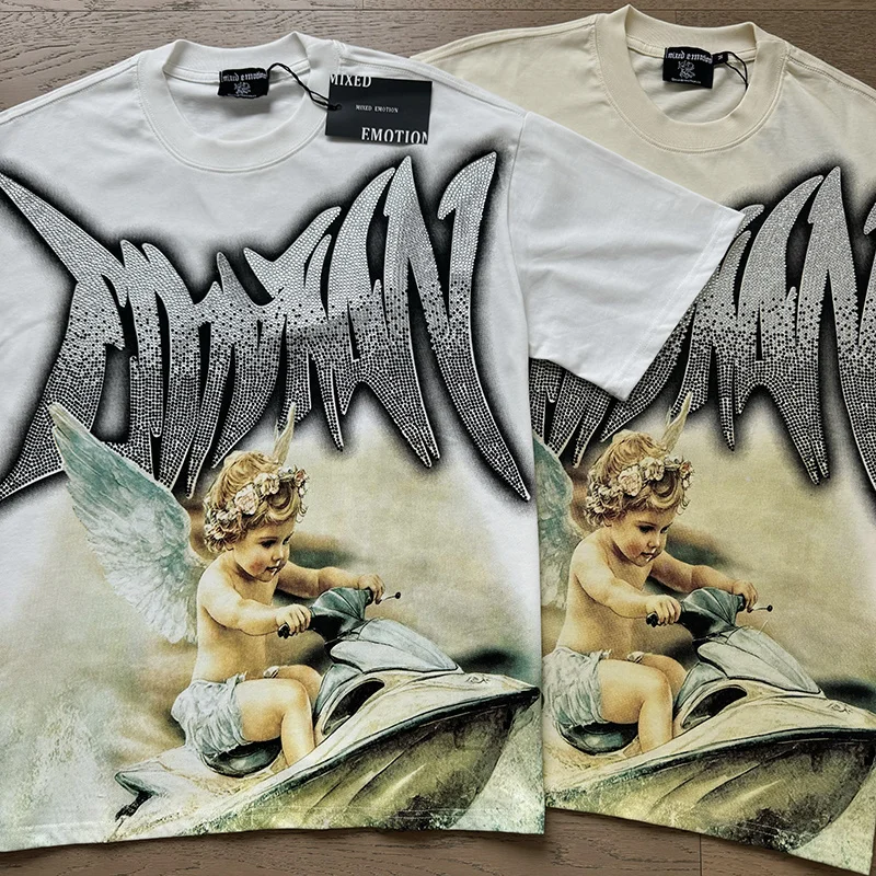 

Mixed Emotion Angel Rhinestone Short Sleeve Cotton Mens Tshirts Diamond Crew Neck Loose Casual Baggy T-shirts Oversized Tees
