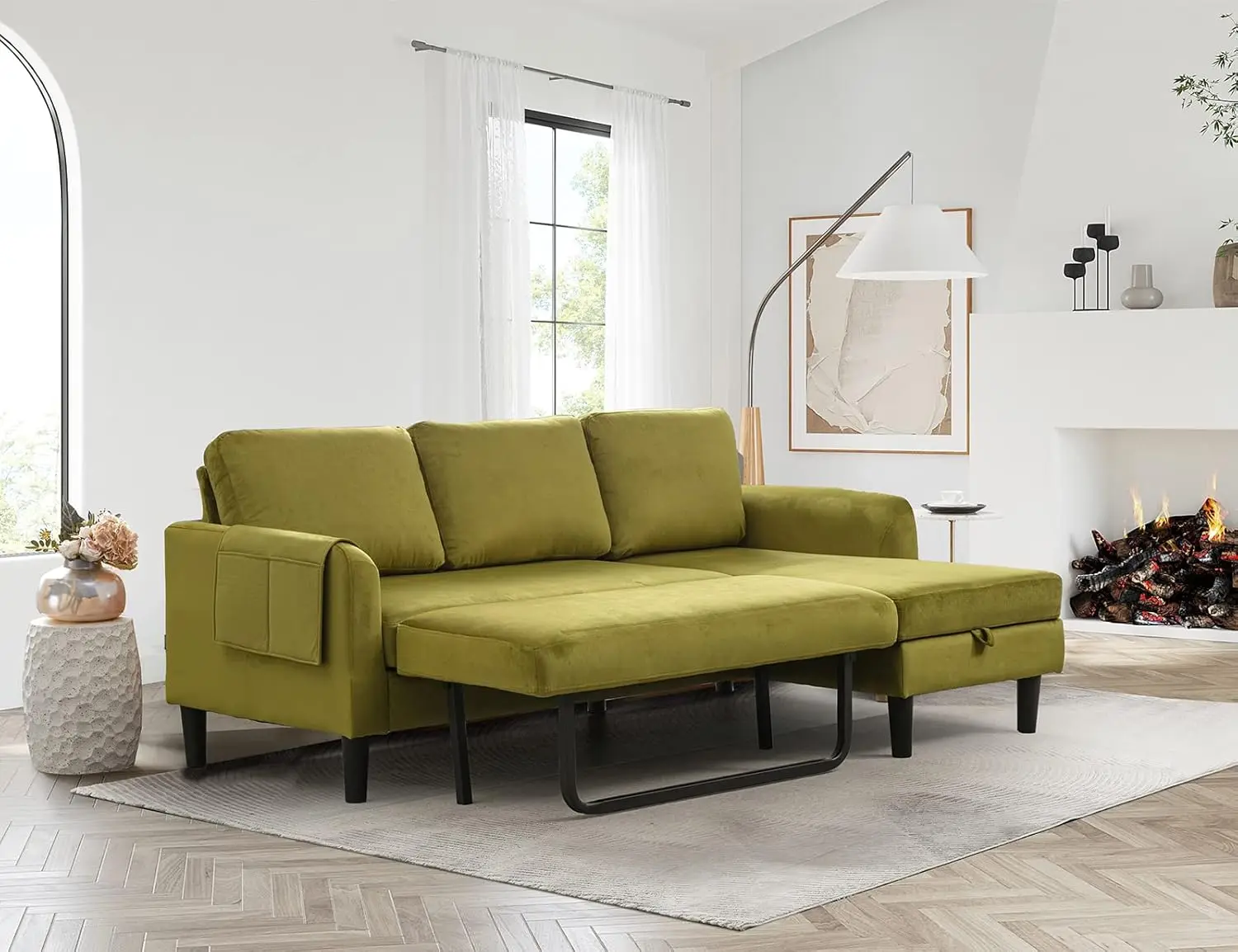 

Современный бархатный выдвижной диван-кровать с кушеткой, удобный L-образный диван-трансформер с карманом для хранения