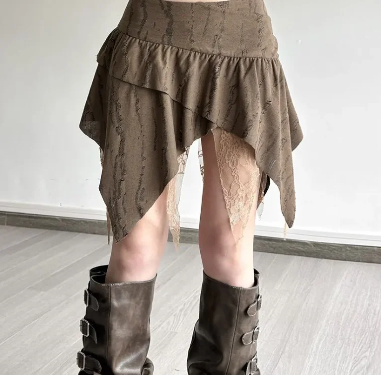 Hot Girl's Skirt Ladies Sexy Simple Retro Niche Lace Design Splicing Irregular Skirt for Women Asymmetrical Half-length Skirt