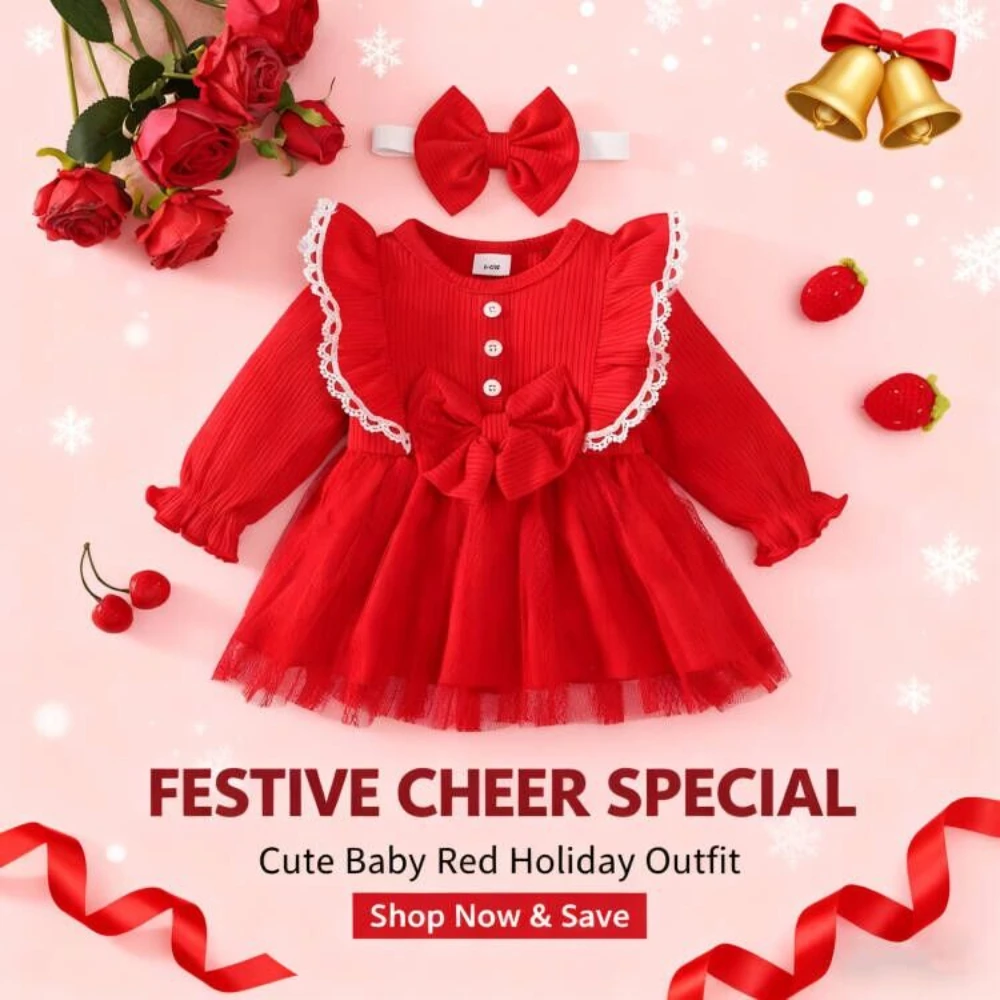 2PCS Cute Baby Girl Red Christmas Dress Long Sleeves with White Lace Decoration Princess Dress for Toddler Girl 3-24 Months