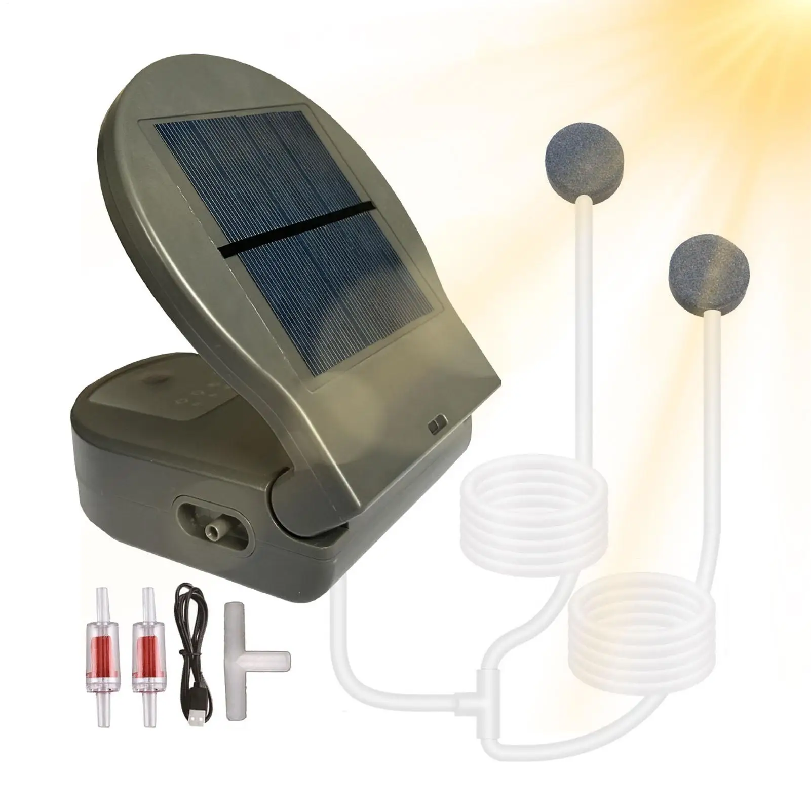 Aerador de Lago Solar com Bateria de 2600 mAh Recarregável via USB, Aerador de Lago com Clip Traseiro, Alimentado por Energia Solar para Aquário, Pesca ao Ar Livre e Quintal