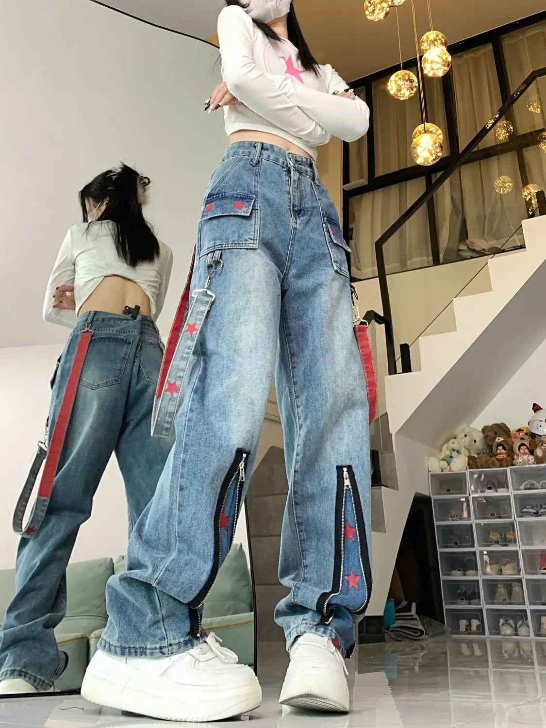Hip-Hop Straight Retro Zipper Star Design Touch Tooling Jeans Women Spring Autumn New Dopamine High Street Wide-Leg Pants