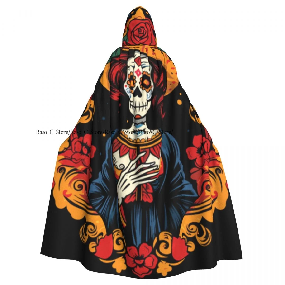 Unisex Adult Day Of The Dead Sugar Skull Cloak with Hood Long Witch Costume Cosplay