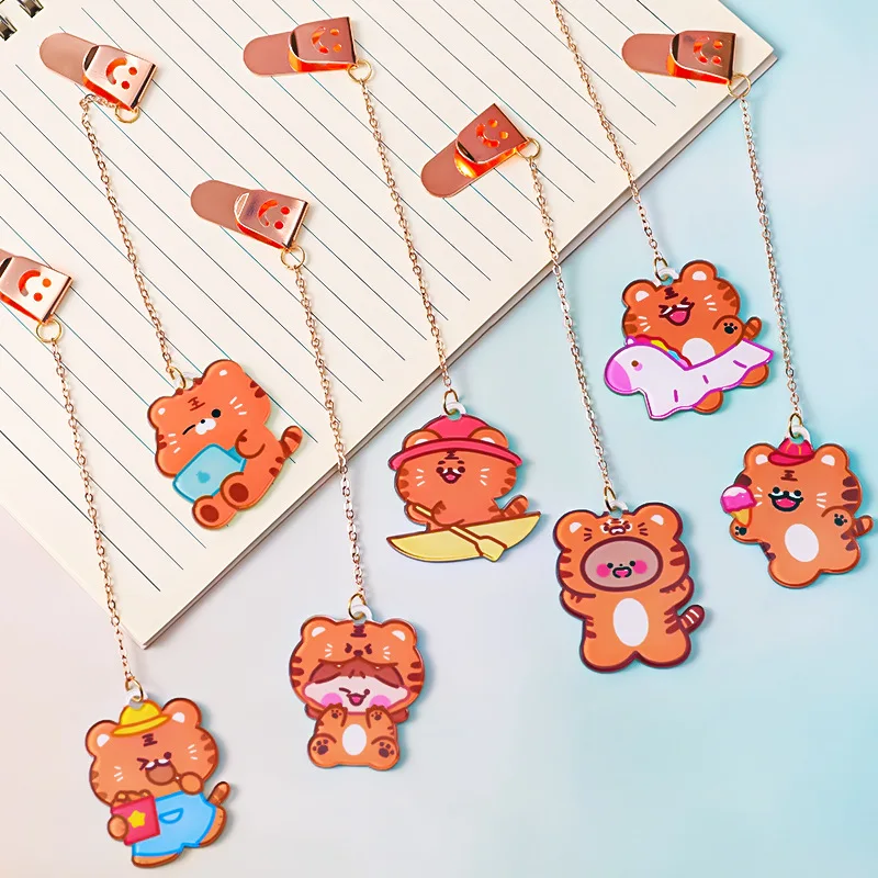 

Korea Cute Cartoon Kawaii Little Tiger Chain Bookmark Student Stationery Book Page Clip Creative Pendant Metal Office Learn Gift