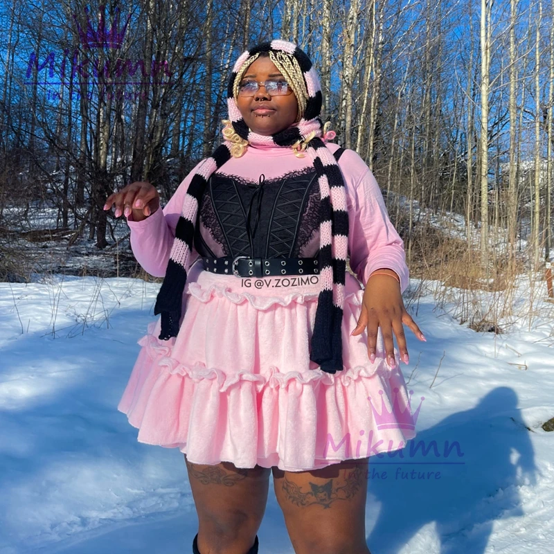 Harajuku Women Winter Thicken Warm Plush Skirt Y2k Sweet Pink White High Waist Pleated Fluffy Fleece Kawaii Lolita Mini Skirt