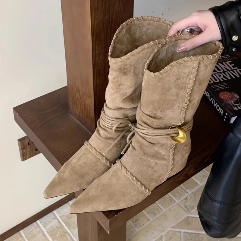 

Designer Pointed Toe Women's Boots Flats Mid Calf Suede Shoes 2025 Elegant Fashion Boots Winter New Dress Chelsea Ladies Boots
