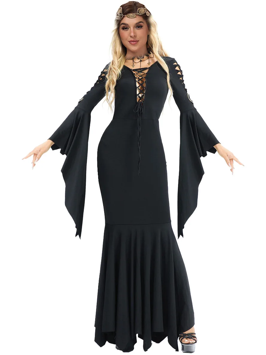 

SXL Gothic Style Witch Costume Black Dress with Bat Design Halloween Outfit Women's Traditional Chinese Stage Costume