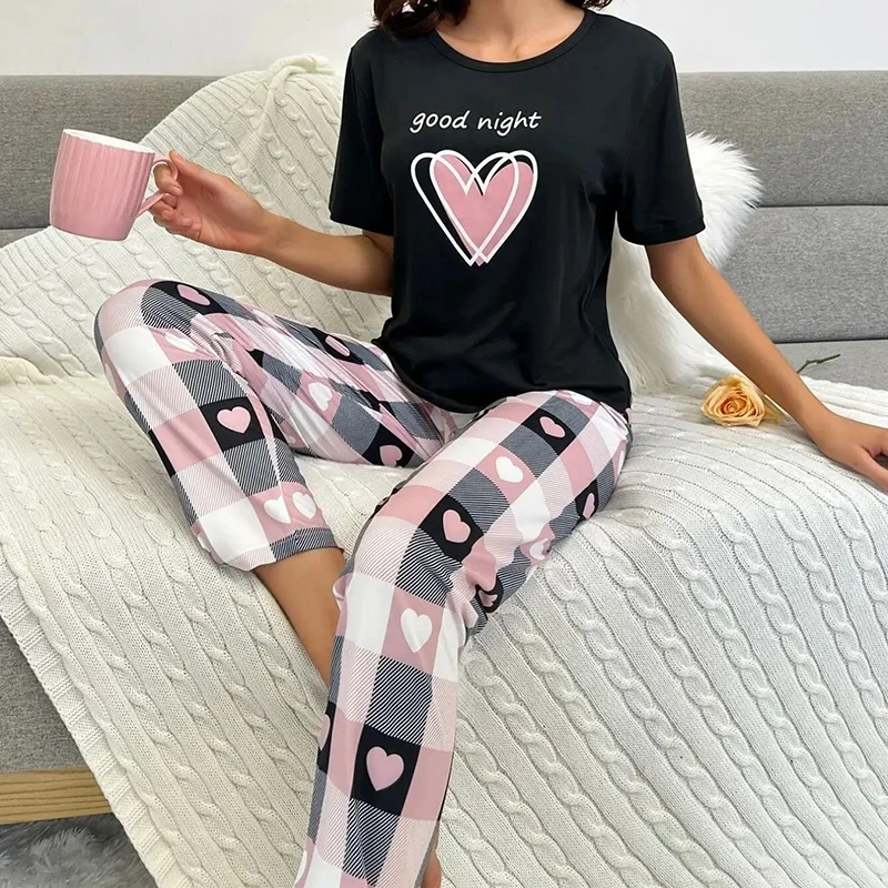 Women\'s Loungewear Heart Letter Print Milk Silk Fabric Pajama Set Comfort Crew Neck Top With Long Pants Sleepwear Lounge Sets