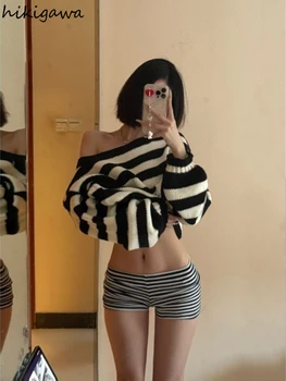 Casual Striped Women Pullovers Oversized Tops Sueter Mujer Slash Neck Sexy Jumper Chic Knitted Sweater 2025 Fall Winter Clothing 6