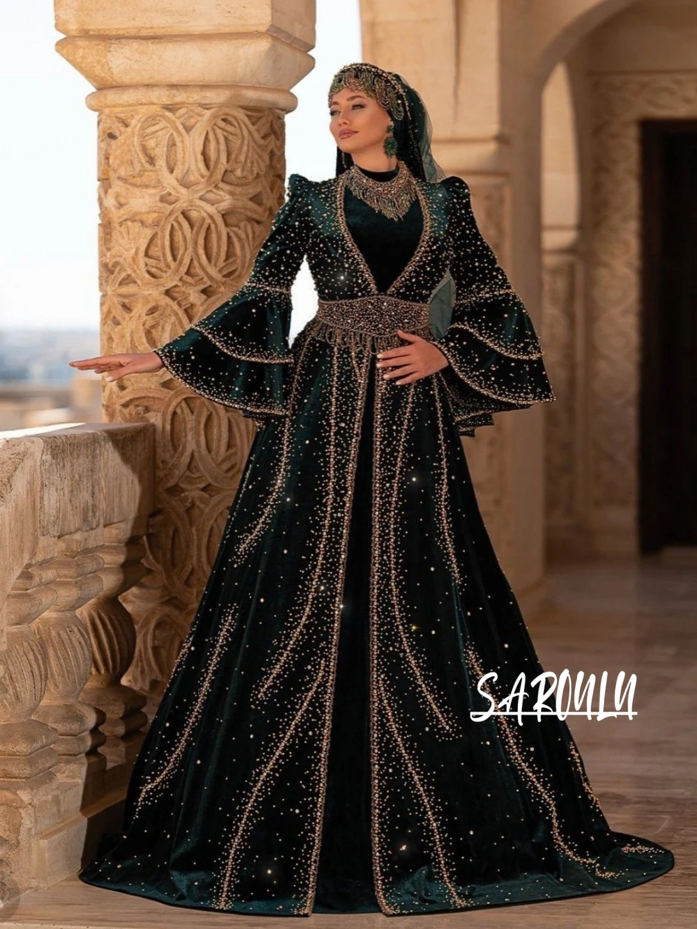 

Traditional Caftan High Neck Evening Dress Kaftan A Line Beaded Luxurious Wedding Party Long Sleeves Prom Gown Customized Women