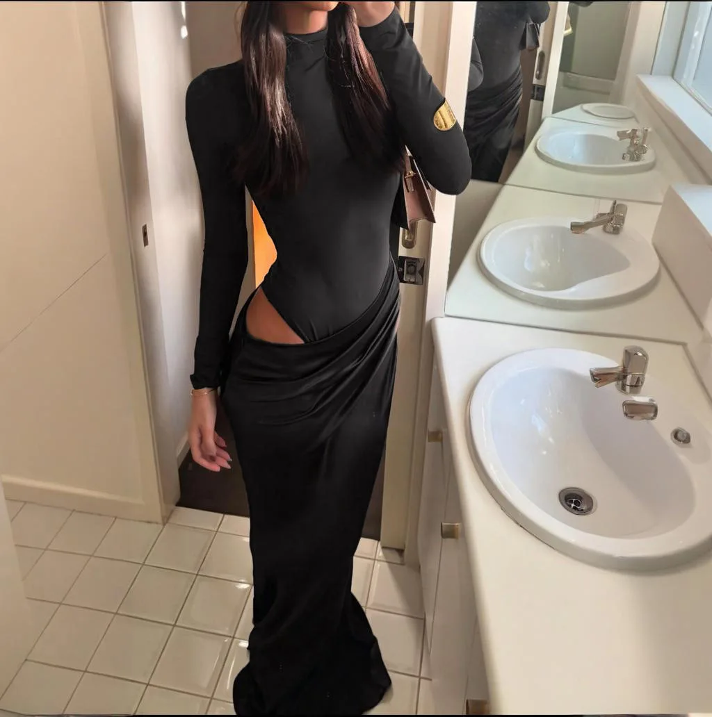 JY243082025 秋のロングエレガントセクシーサテンパッチワークホローアウトドレス（女性用）