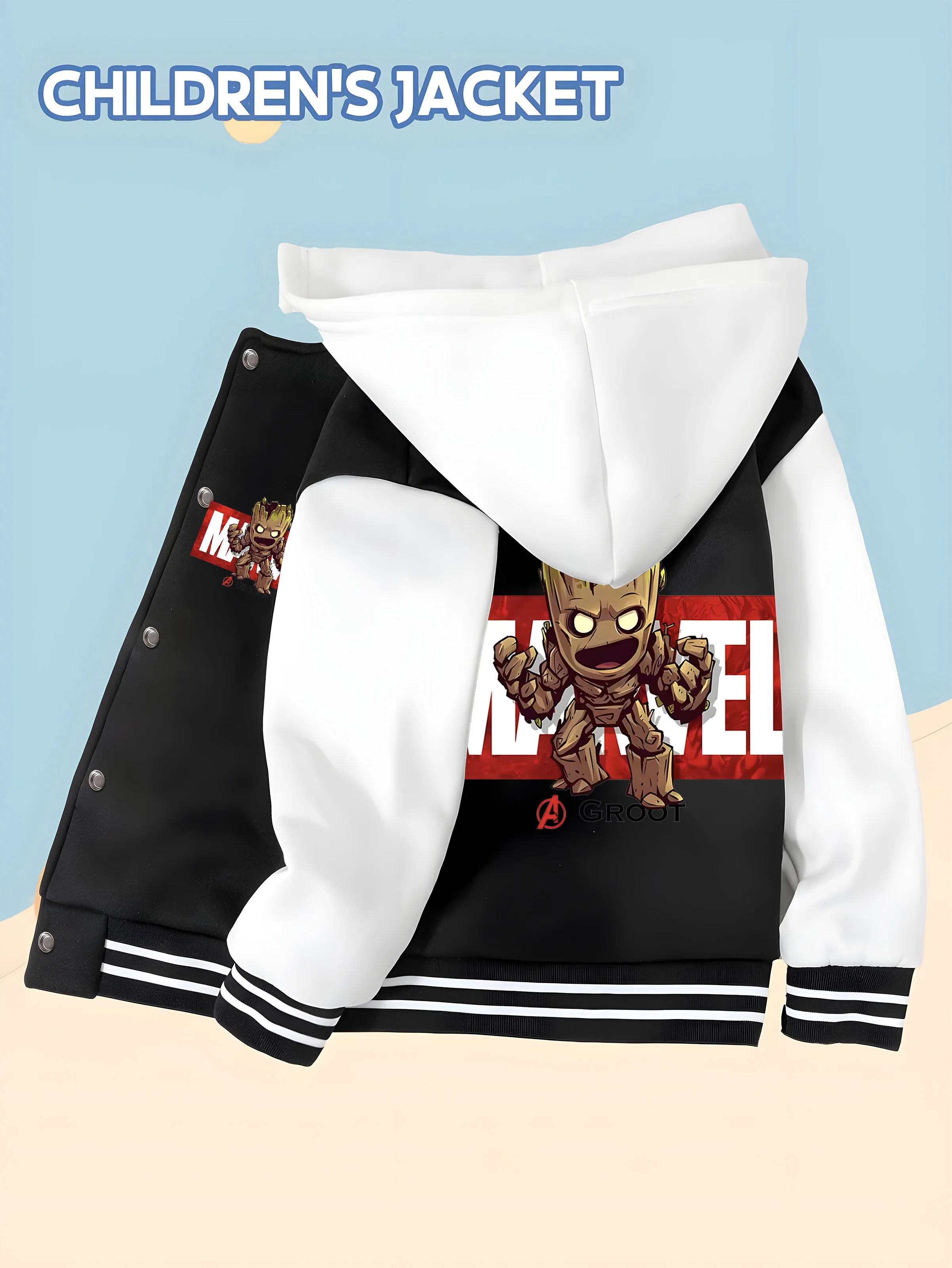 

MINISO Marvel Boys Baseball Jacket - Cute Groot Print, Double-Sided Pattern, Comfortable Fabric, Black and White, Trendy