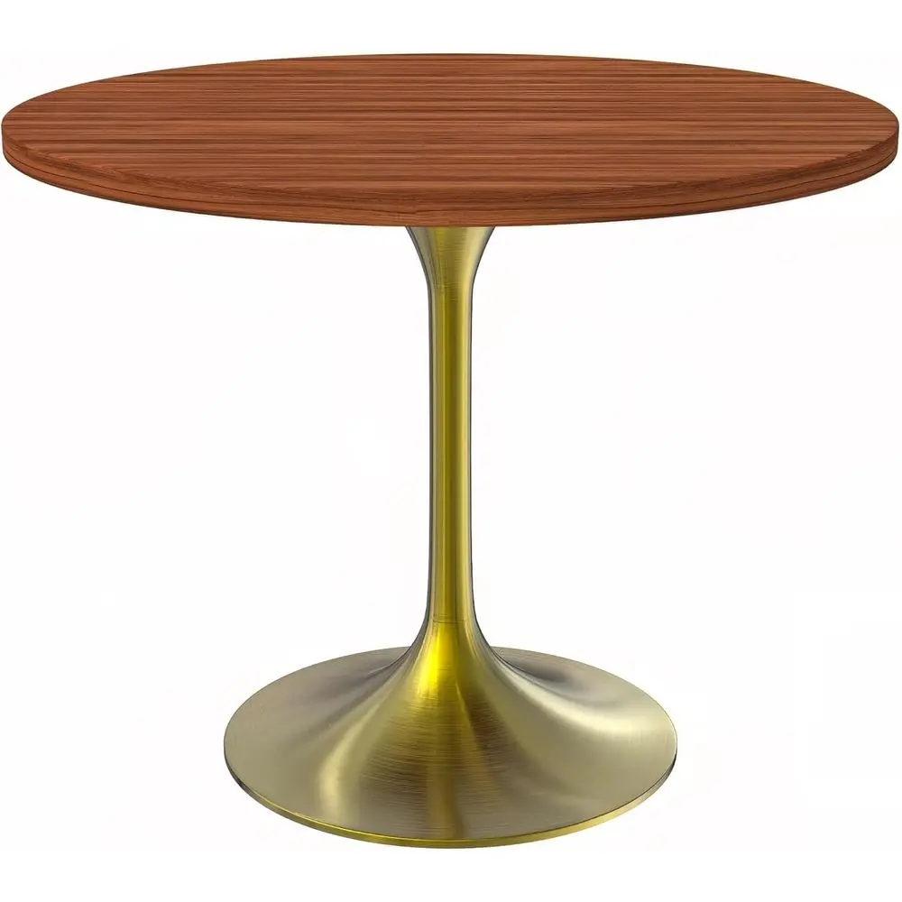 

36 Round Dining Table with Cognac Brown Wood Top and Brushed Gold Pedestal Base, Modern Kitchen & Dining Room Furniture, Tulip S