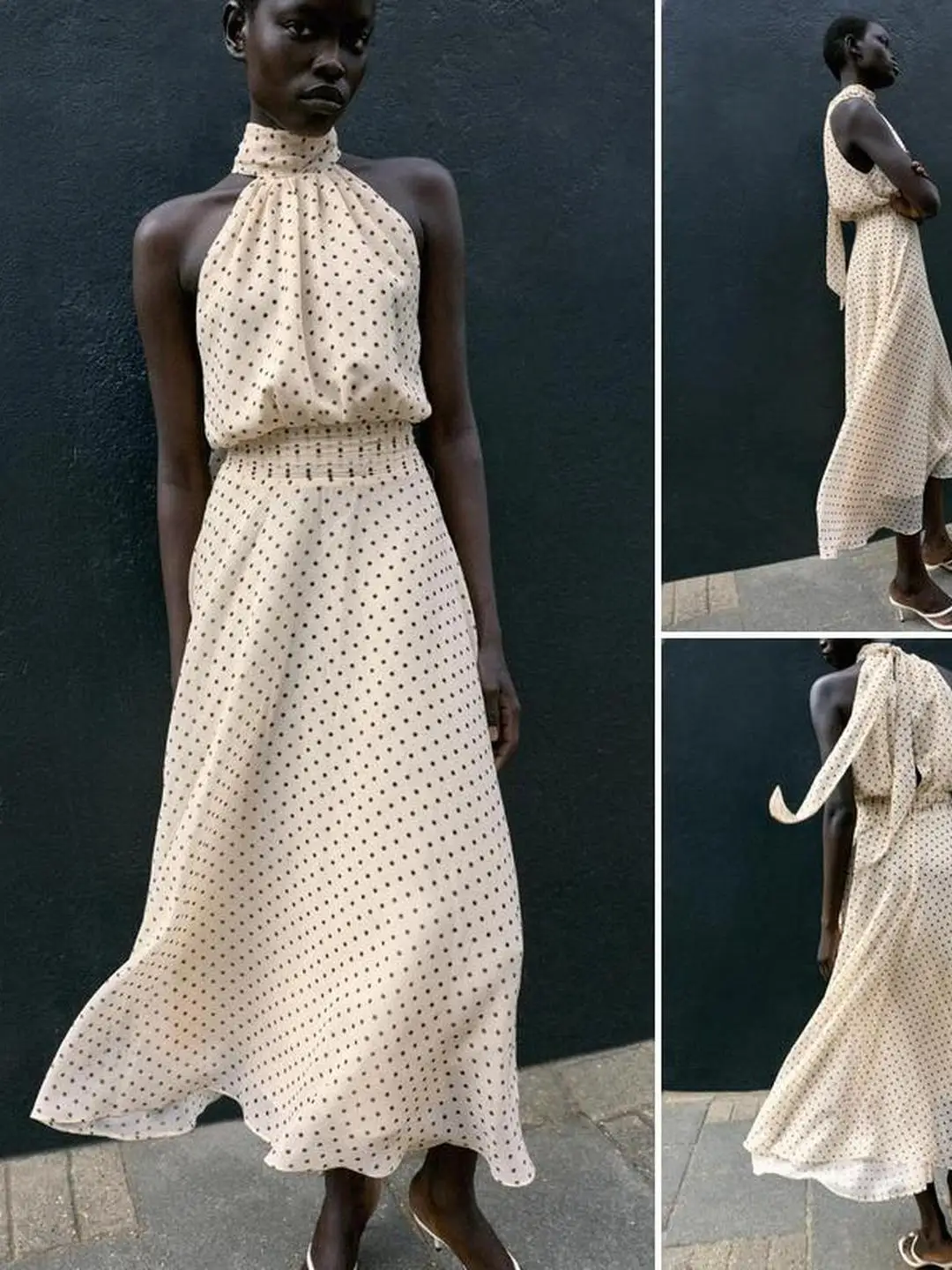 Elegant Polka Dot Midi Dress with Waist G Gathering Neck Hanging Bow Knot Design Autumn Collection Casual Fashion Ladies Dress