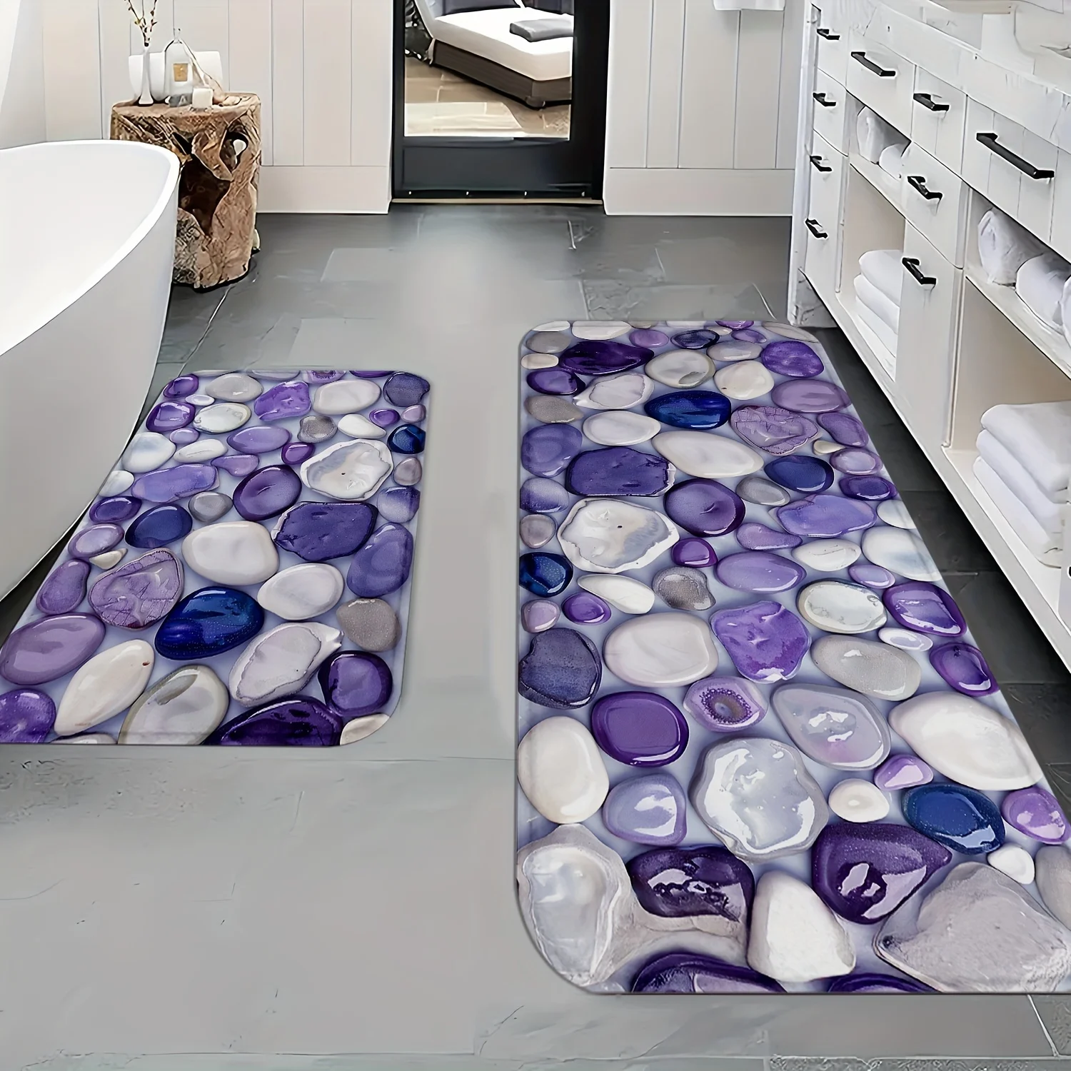 VIKAMA Luxury Purple Crystal Pebble Bathroom Mat Non-Slip Quick Dry Runner Rug for Shower Sink Foot Massage Floor Carpet