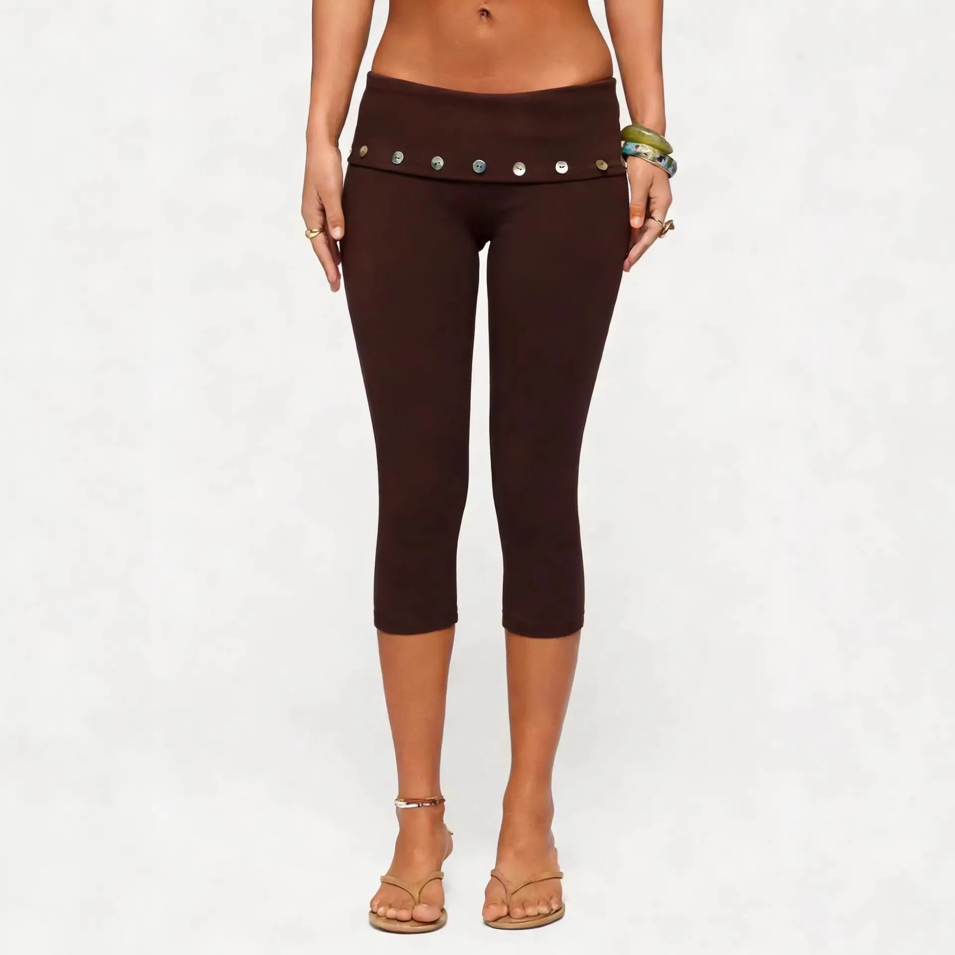 Women High Waist Black Leggings Capri Cropped Tights Seamless Solid Color Slim Pants Stretch Fabric Fold Over Waist Brown