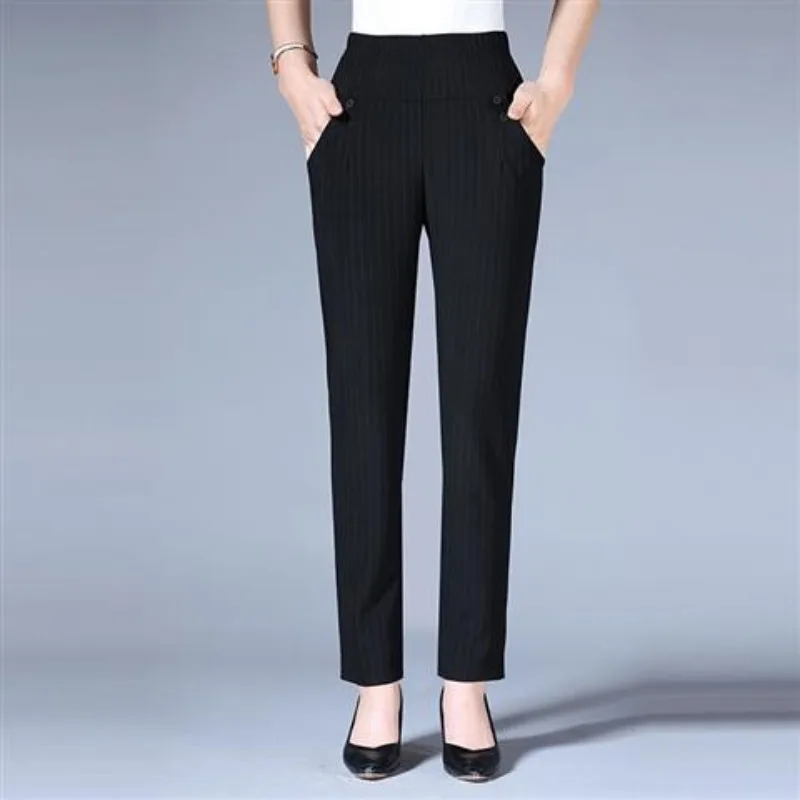 Spring and Autumn Women\'s Elastic Pockets Loose Solid High Waist Elastic Slim Fit Straight Sleeve Casual Fashion Elegant Pants