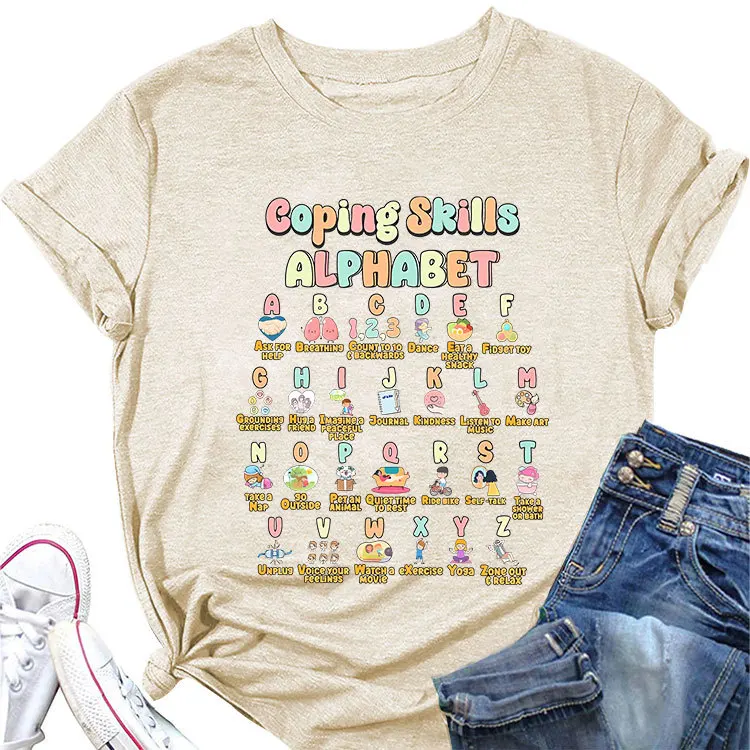 

Summer women coping skills alphabet printed T-shirt Fashion crew neck short-sleeved top new casual pullover