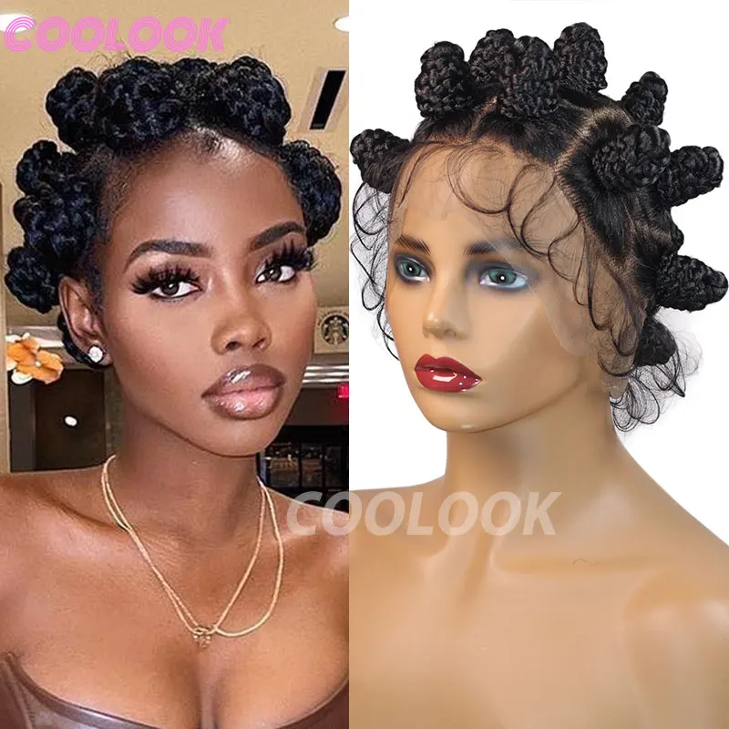 Synthetic Bantu Knots Braided Wig Black Women Full Lace Box Braids Wig Knotless Jumbo Braided Bantu Knots Cornrow Braided Wigs