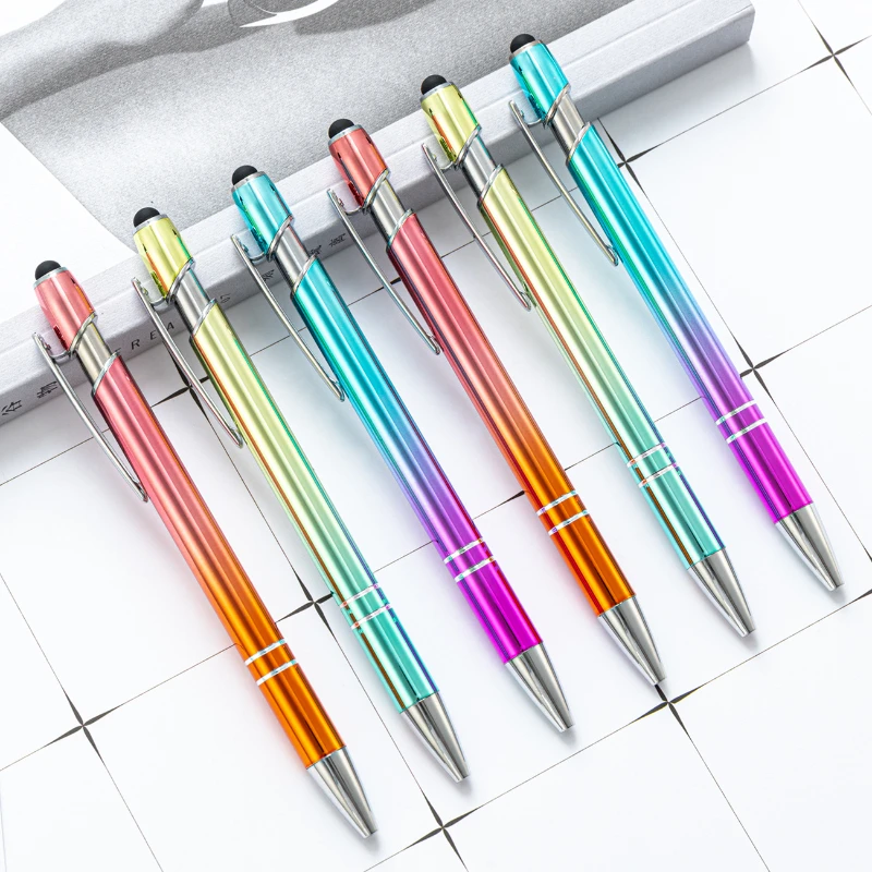 

30PCS New type of push pen in stock wholesale with gradient aluminum rod press Meiji touch screen metal ballpoint pen