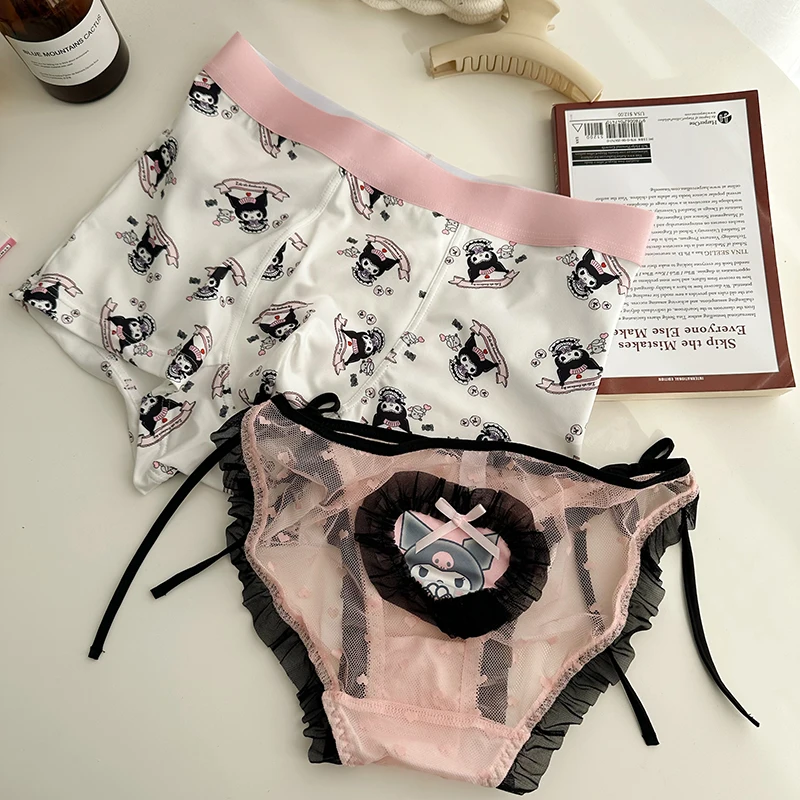 2PCS Sanrio Cinnamoroll Kuromi Mymelody Sexy Lace Couple Underwear Anime Cartoon Femme Panties Cozy Lingerie Men\'s Boxers Gifts