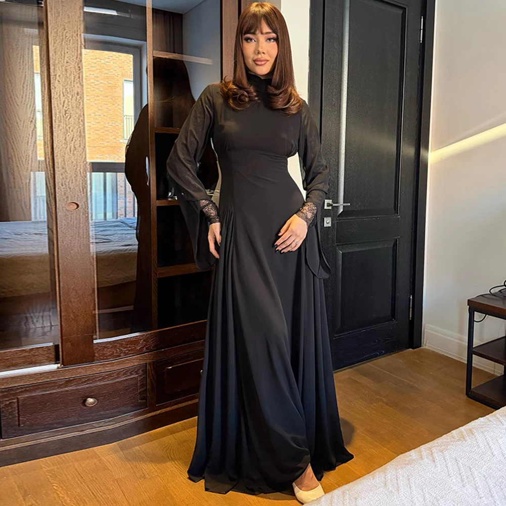

Formal Black Chiffon Evening Dress Simple High Collar Sweep Train Customized Celebrity Gowns Delicate Long Sleeves Party Dresses