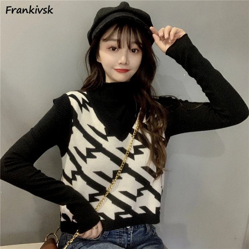 Simple Sets Women Spring Autumn Stylish Solid Sweaters All-match Knitwear Vests Panelled Elegant Advanced French Style Retro