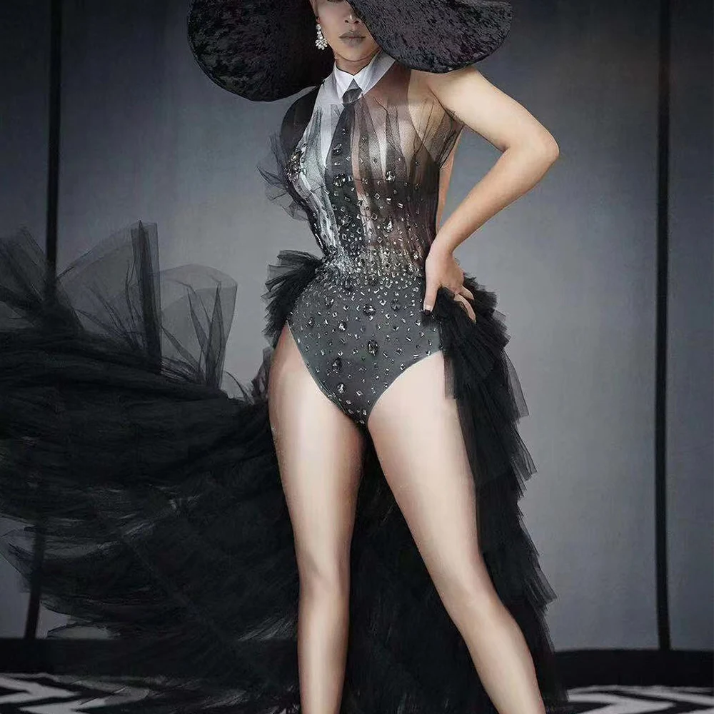 Black Retro Style Women Set Dress 2026 Mesh Spandex Bodysuits With Rhinestone Sexy One Sleeve Design Showtime Performance Stage