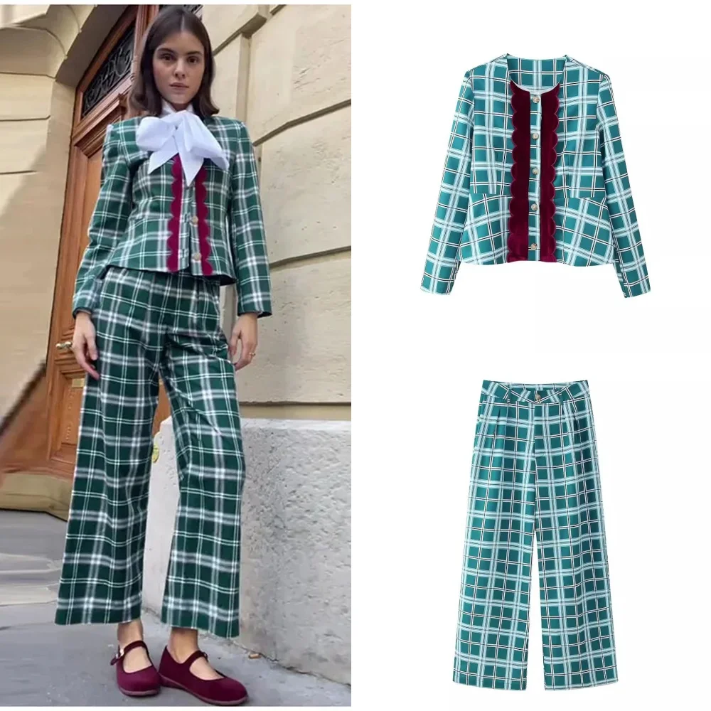 2024 Autumn New Product Women\'s Velvet Decoration Checkered Round Neck Suit Coat High Waist Straight Leg Pants Set