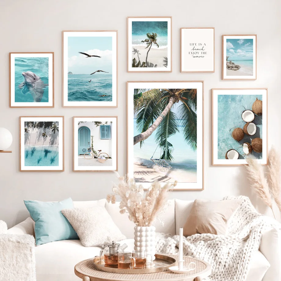 Coastal Beach Canvas Wall Art Prints Tropical Palm Tree Ocean Dolphin Scenery Poster Nautical Home Decor for Living Room Bedroom