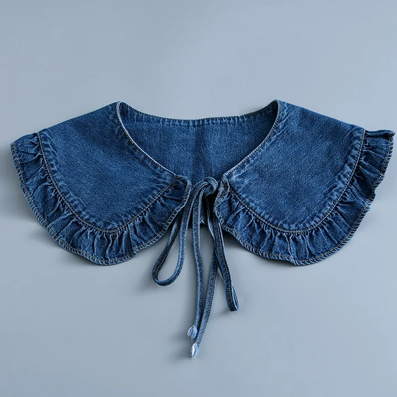 

Women Ruffled Fake Collar Neck Denim Blue Fake Collar Necklace Vintage Trim Shawl Wrap Lace-Up Capelet