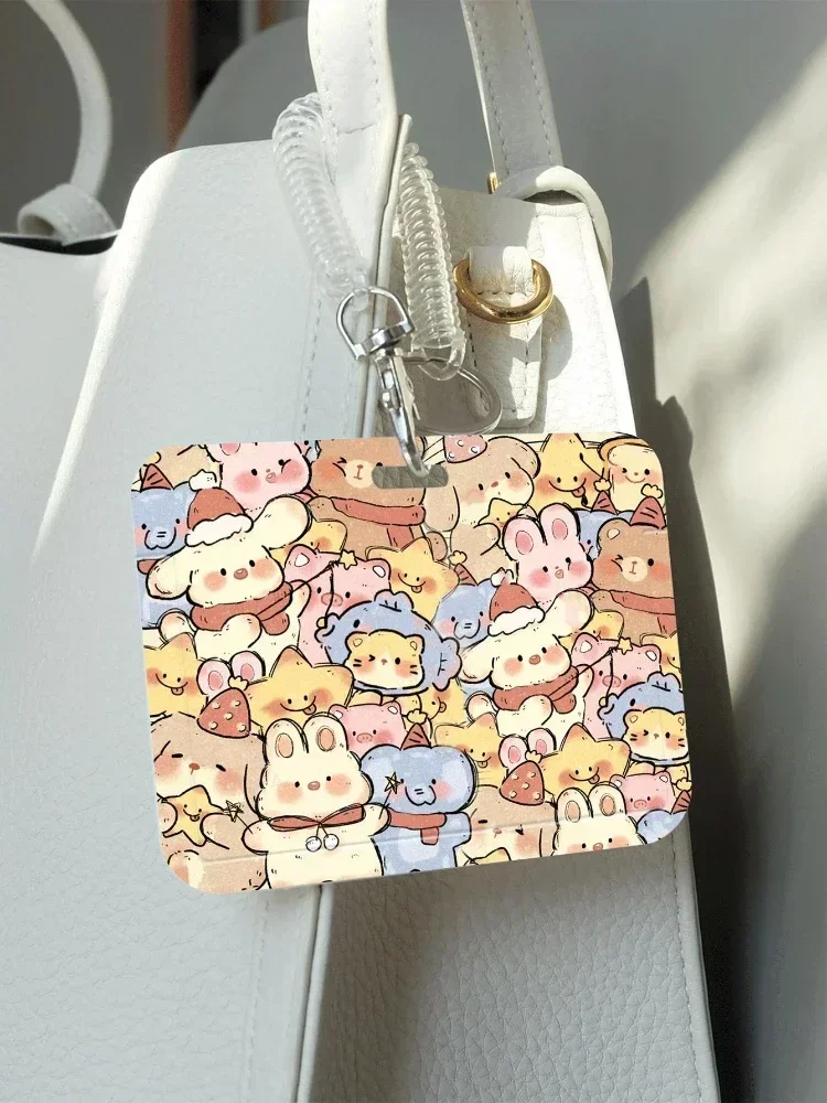 Cartoon Cute Animal Pattern Card Holder with Retractable Spring Cord Suitable for Student Bus Card Meal Card Protection Case