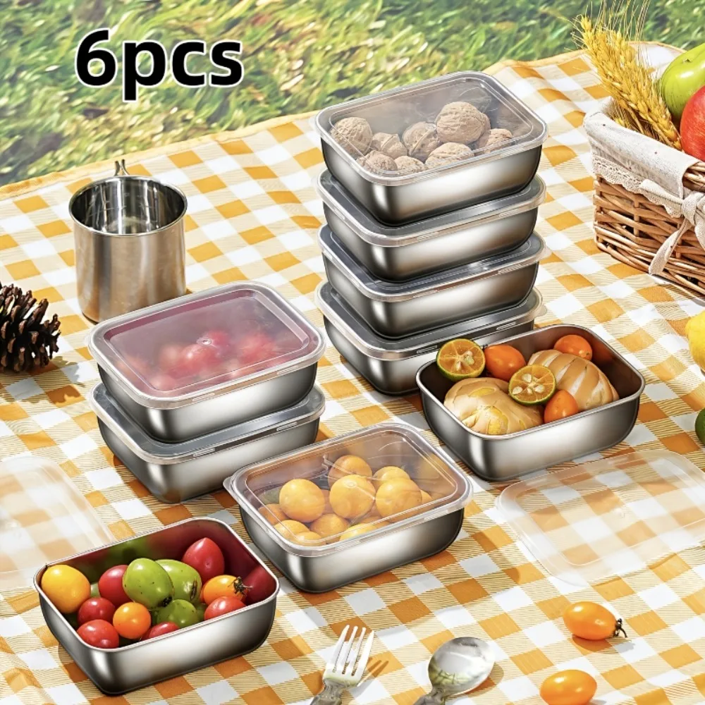 6Pcs Stainless Steel Food Containers, Kitchen Tools & Accessories, Kitchen Items Leakproof Stackable for Camping Picnic