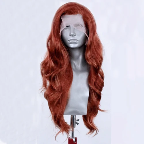 Imagen 2 del producto Pelucas delanteras de encaje de pelo sintético de onda profunda de color rojo cobrizo para mujer, peluca de cobre, pelo largo ondulado de encaje, peluca roja, peluca de Cosplay para uso diario