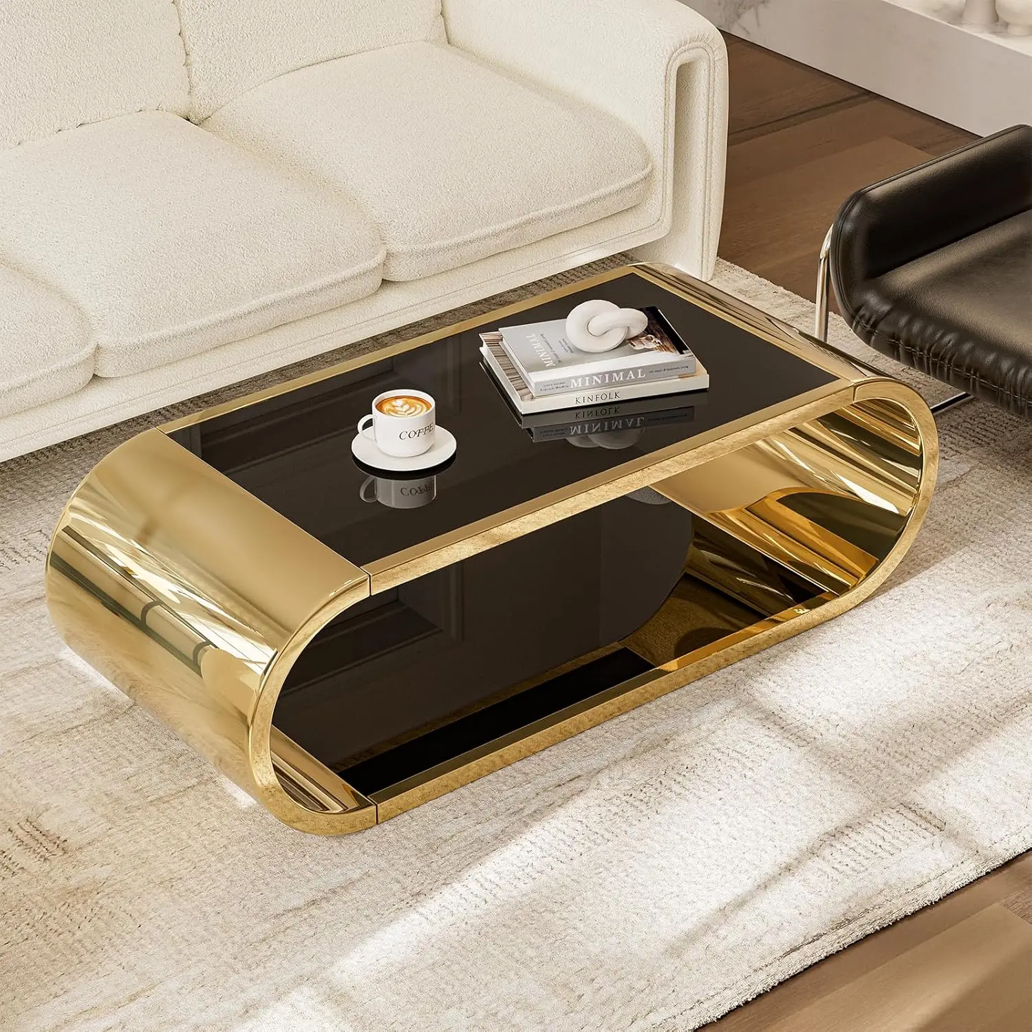 Coffee Table, Modern Coffee Table for Living Room, 2-Tier Glass Top with Large Space Fashion Design