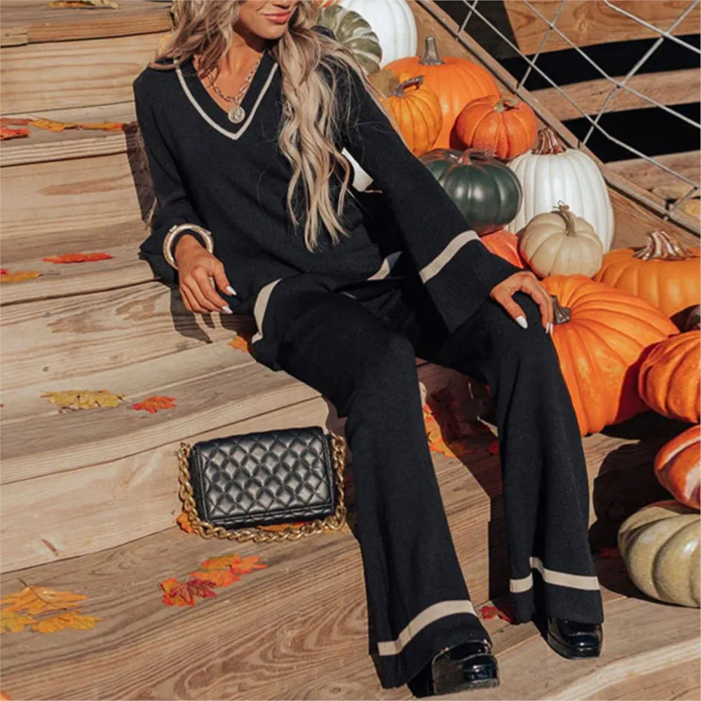 بدلة نسائية ذات ألوان متباينة مشذبة بدلة نسائية مكونة من قطعتين طقم ملابس مريحة وبسيطة ملابس منزلية دافئة #3