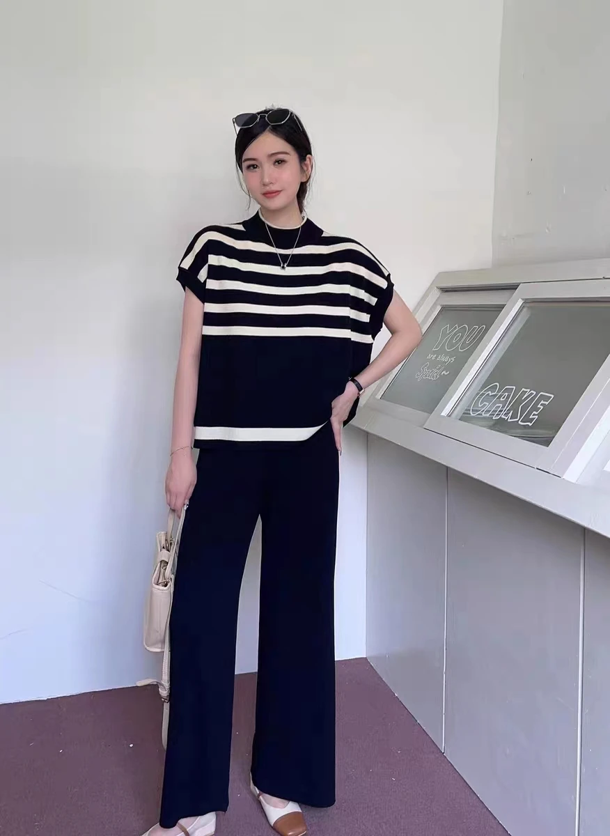 2024 Winter New Women Sweater Set Casual Pullovers Suits Knitted OL Loose Striped Sleeveless Elegance Tops Wide Leg Pants Korean