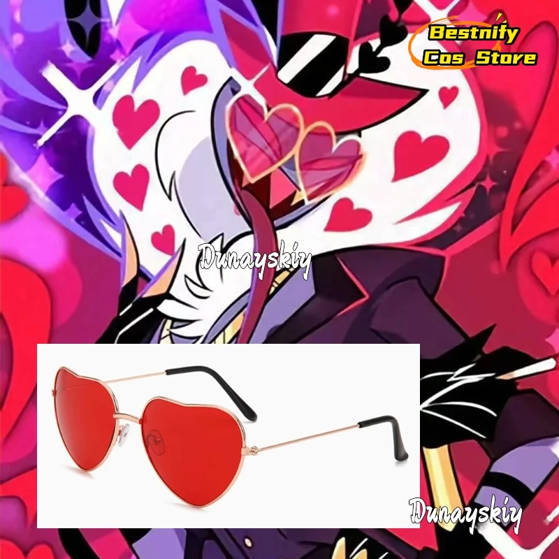 อะนิเมะวาเลนไทน์คอสเพลย์รูปหัวใจสีแดงแว่นตากันแดด 14*4.7 ซม.Golden กรอบแว่นตากันแดด Hazbin COS โรงแรม Prop