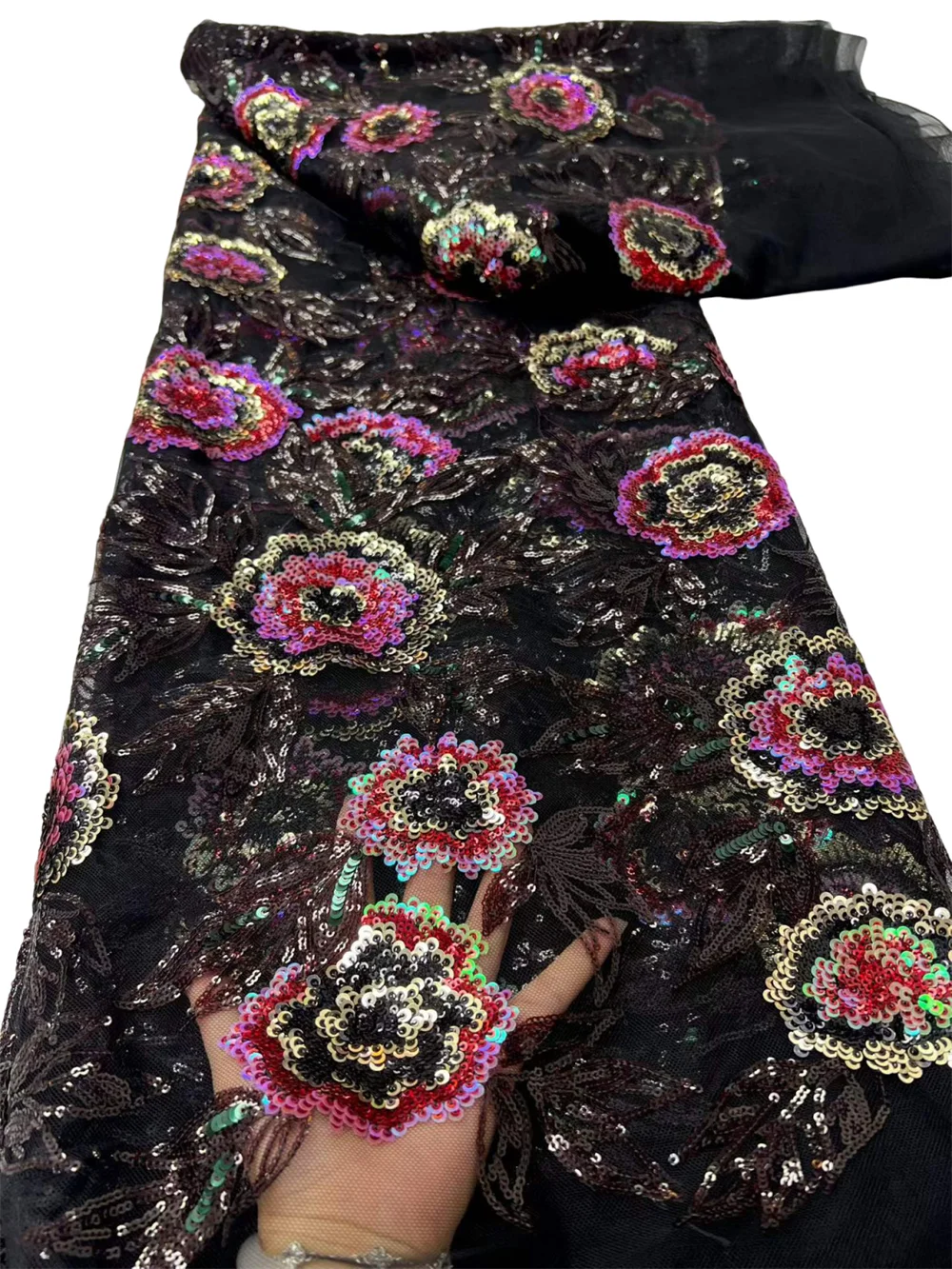 

New 5 Yards Colorful Sequins Sequence Big Flower Embroidered Mesh Lace Fabric For Wedding Evening Gowns Designer Dress Material