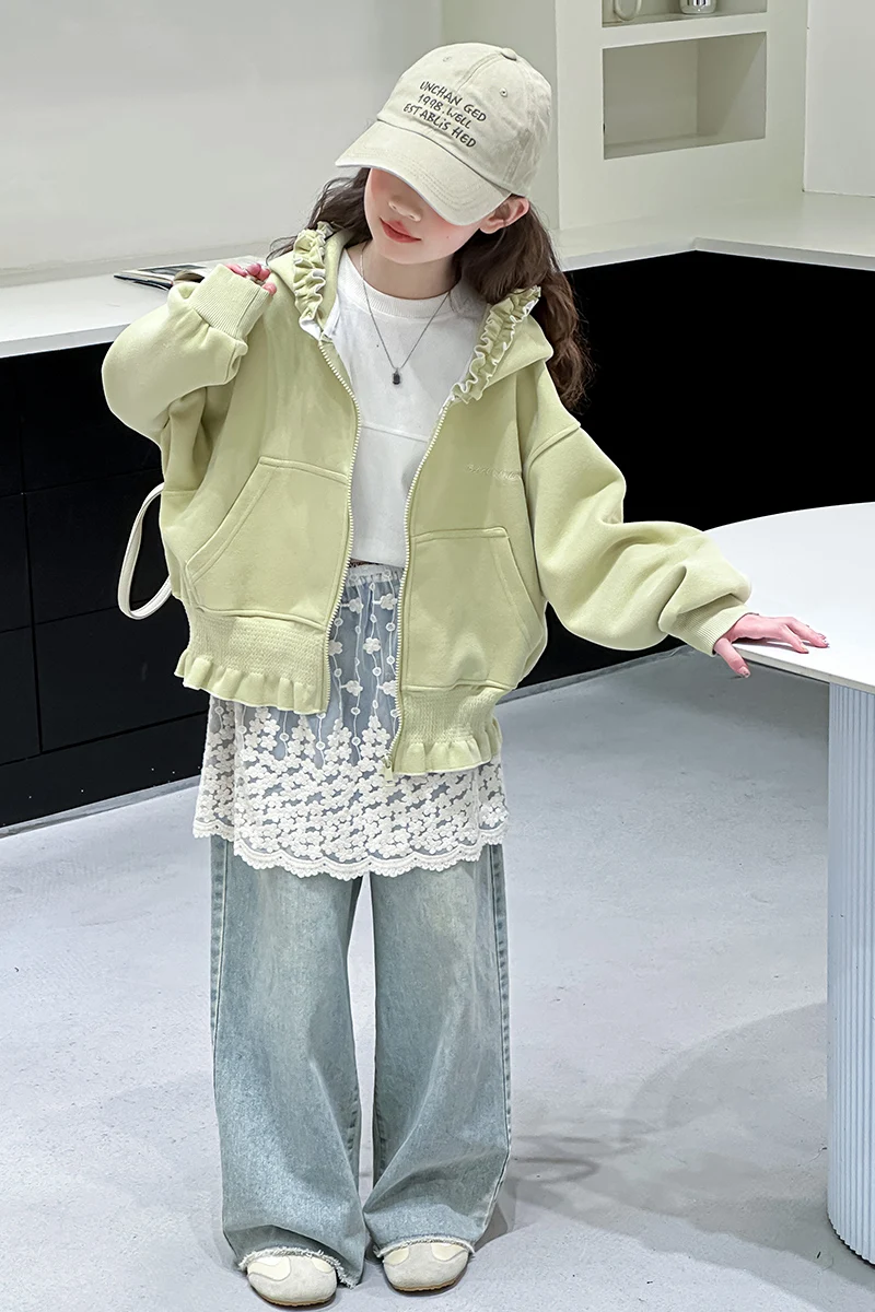 Mädchen Kapuzenpullover Frühling Herbst 2026 Neuer Stil Süßer Niedlicher Rüschenbesatz Reißverschluss-Mantel mit Taschen Kinderkleidung – Detail 4