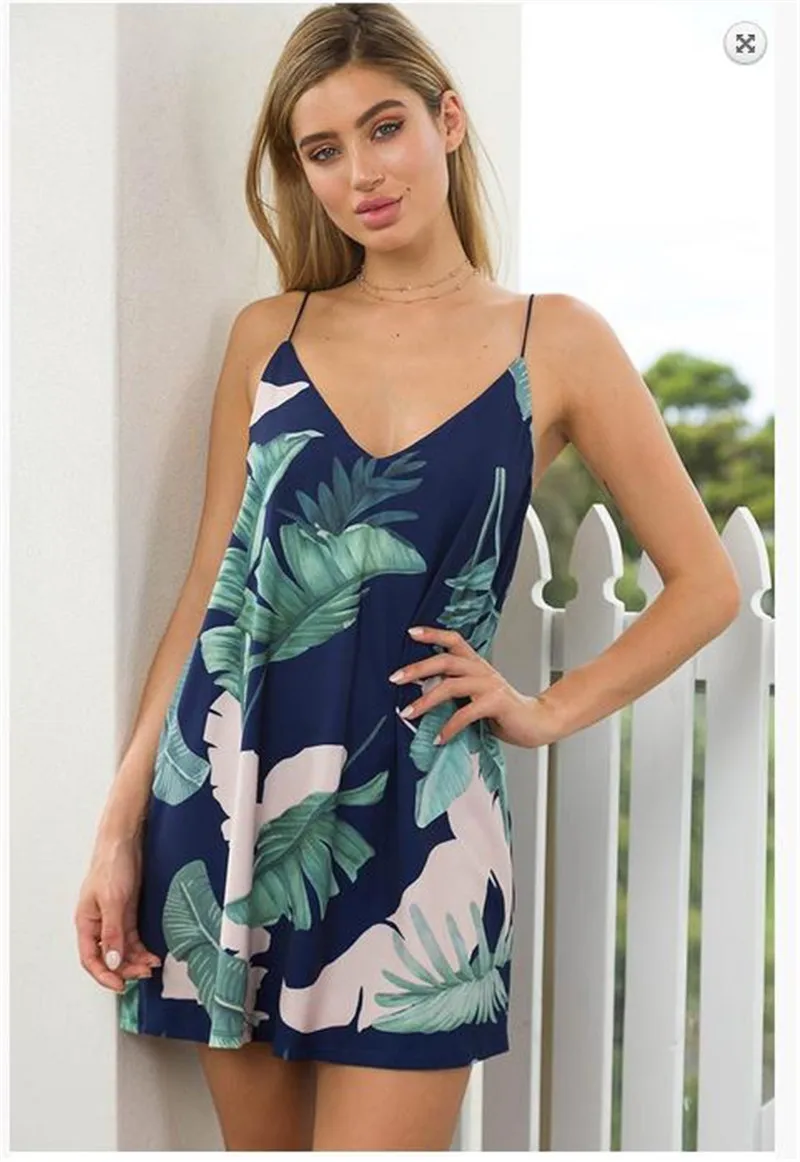 

Women's Tropical Leaf Print V-Neck Spaghetti Strap Mini Dress Loose Fit and Light Fabric Stylish