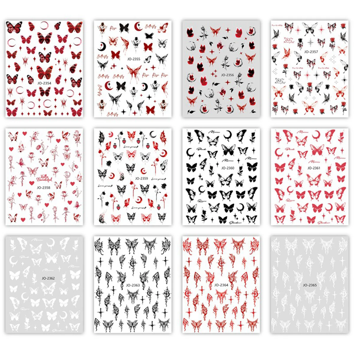 6 Sheets Gothic Butterfly Nail Art Stickers Red and Black Butterfly & Moon Dark Floral Cross Design Decals for DIY Manicure