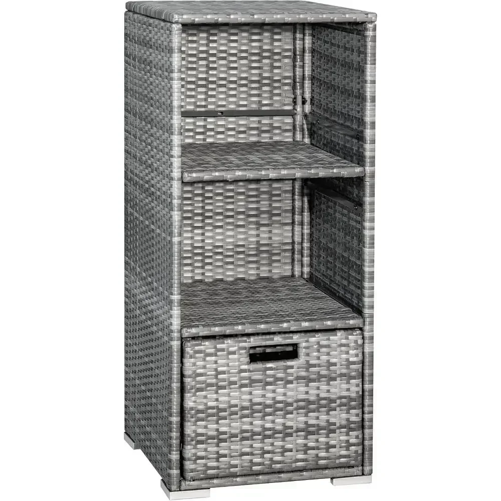 Grey Outdoor Rattan Storage Shed with 2 Shelves and Bottom Drawer for Pool, Patio, Garden, and Deck
