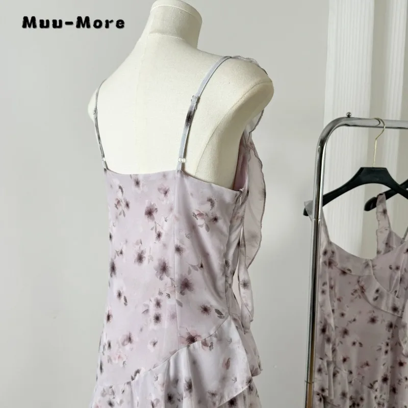 Vestido vintage sem mangas com estampa floral feminino, sem encosto, decote em v, em camadas, suspensão de cintura alta, elegante, quente, verão, 2022